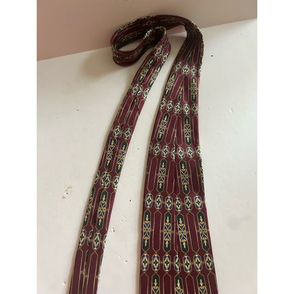 Savile Row Tie 100% Silk Men's Geometric Pattern Wine Burgundy Gold Blue - Picture 6 of 6